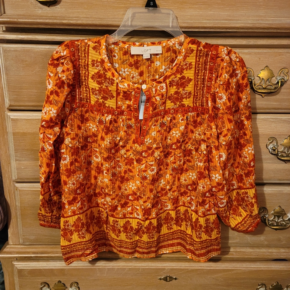 Loft Petite Orange Floral Pattern Shirt Size XSP